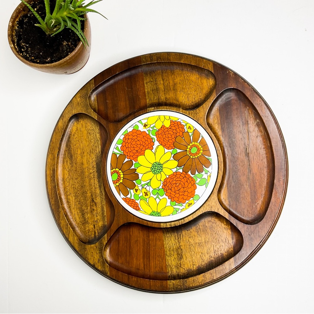 VINTAGE MCM Japanese Teak Serving Tray – 70s Floral Divided Appetizer Platter